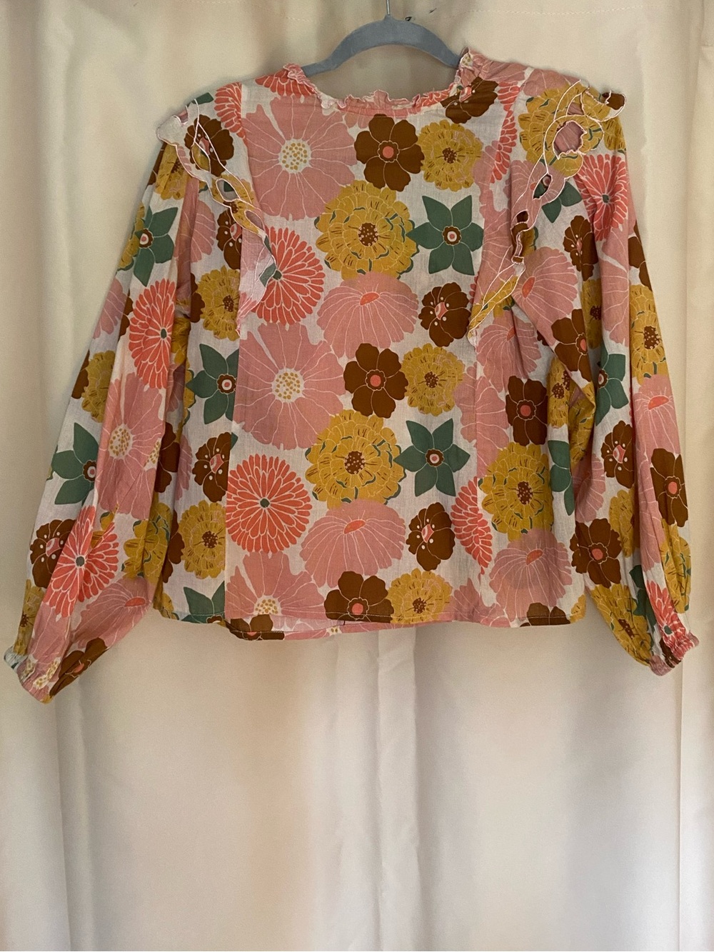 Floral Ruffle-Neck Long Sleeve Blouse — Pink Multi